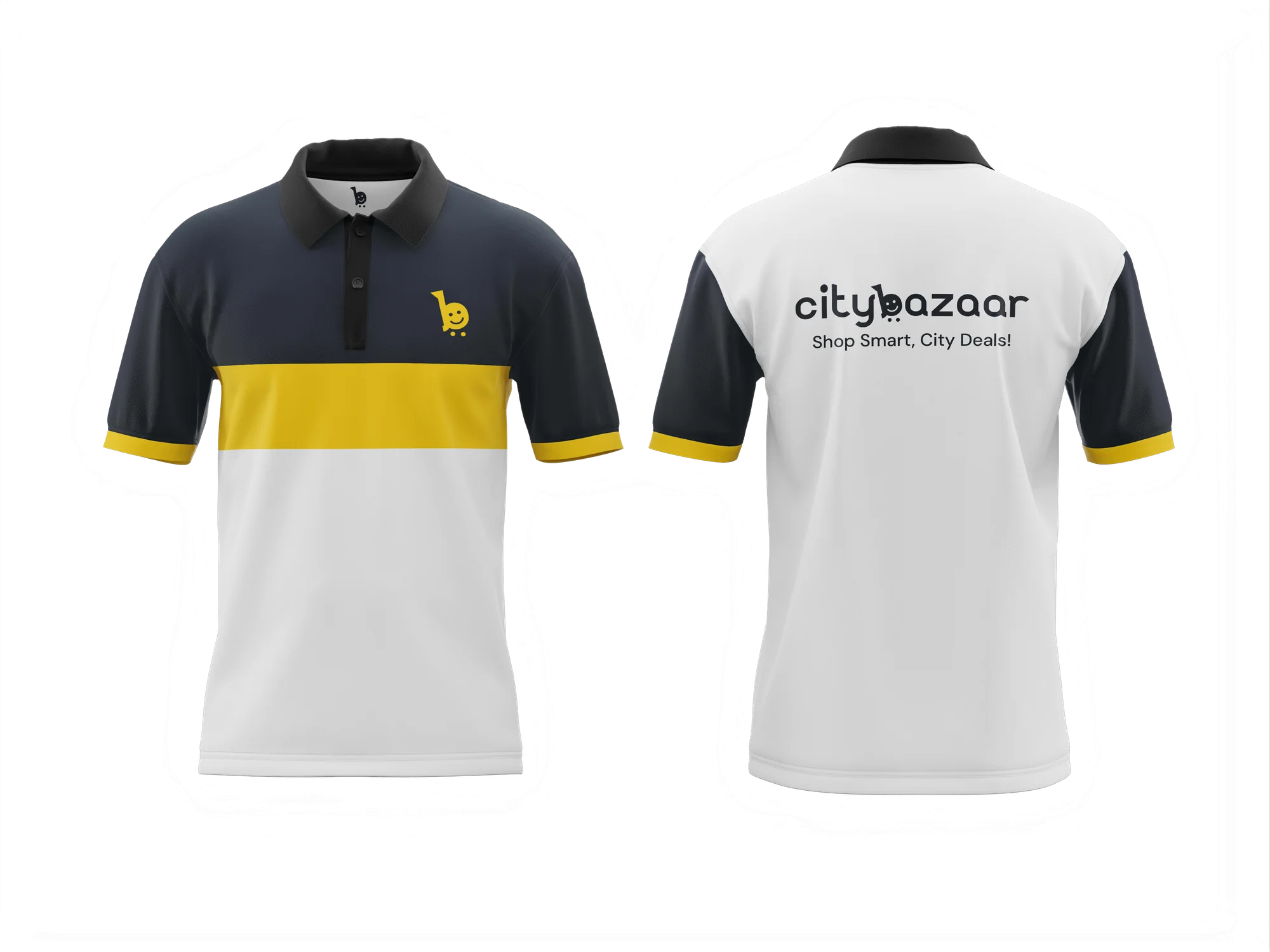 Navy and yellow striped team polo with the CityBazaar mark on the chest and full wordmark on the back