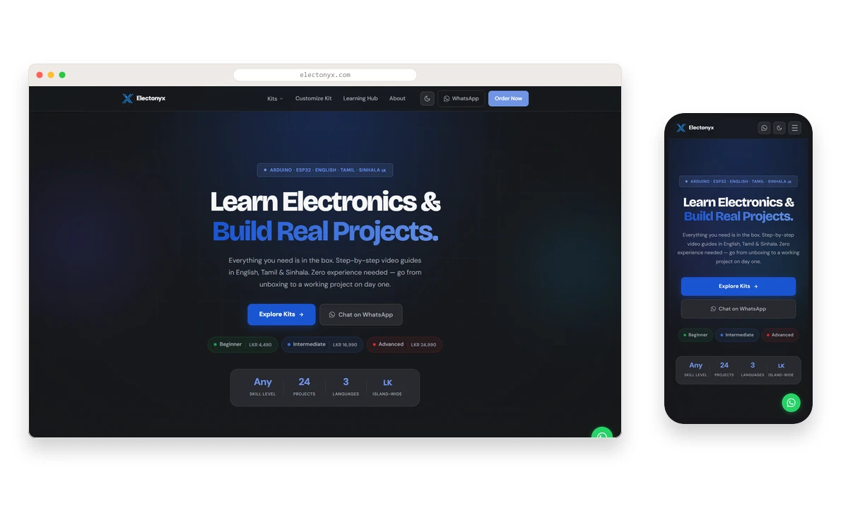 Electonyx homepage in a Safari desktop mockup and iPhone mockup side by side on a dark navy theme · "Learn Electronics & Build Real Projects." hero in blue, Explore Kits and Chat on WhatsApp CTAs, Arduino · ESP32 · English · Tamil · Sinhala trust chip, Beginner / Intermediate / Advanced kit-tier prices, and a "Any skill · 24 projects · 3 languages · LK island-wide" stats strip