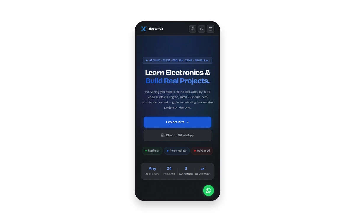 Electonyx homepage in an iPhone mockup · dark navy theme, "Learn Electronics & Build Real Projects." hero in blue, Explore Kits and Chat on WhatsApp CTAs, Beginner / Intermediate / Advanced tier chips and the "Any skill · 24 projects · 3 languages · LK island-wide" stats strip