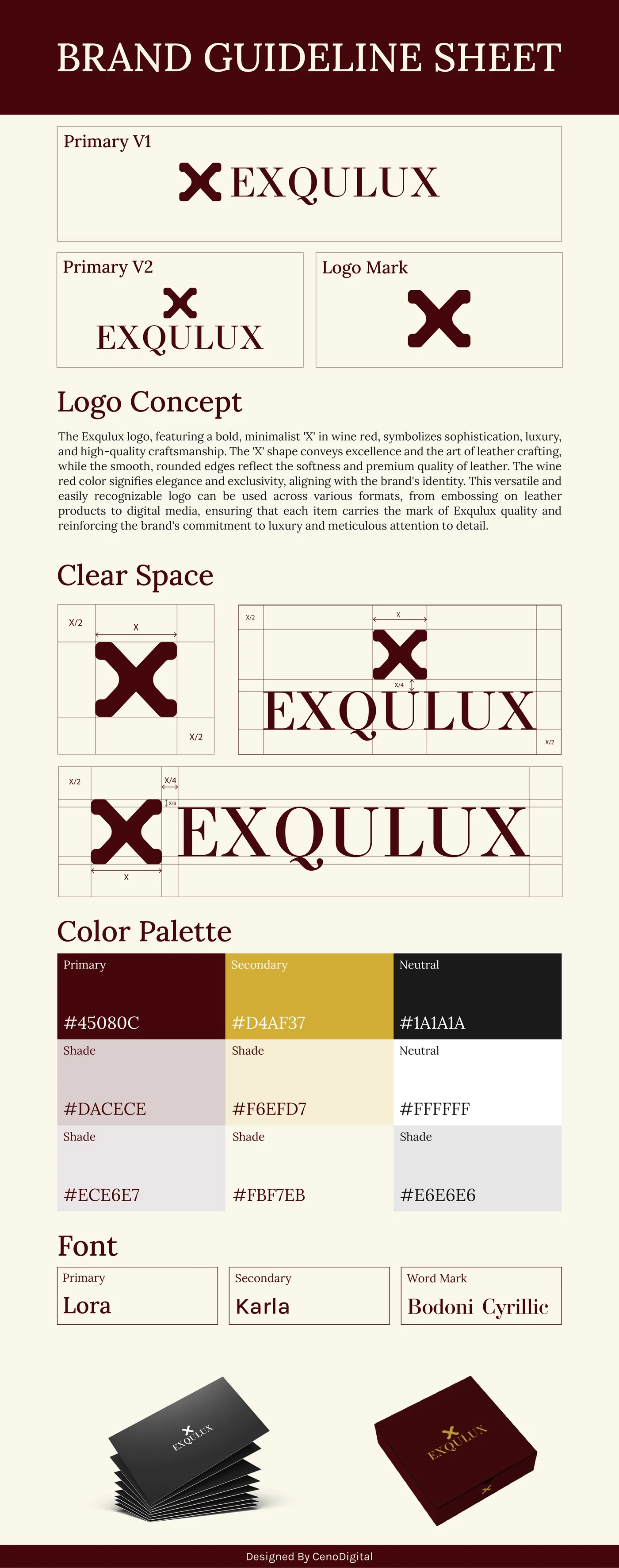 Full brand guideline sheet — logo variants, logo concept, clear space diagrams, colour palette, typography, and applied paper-bag mockups, laid out on a single tall page