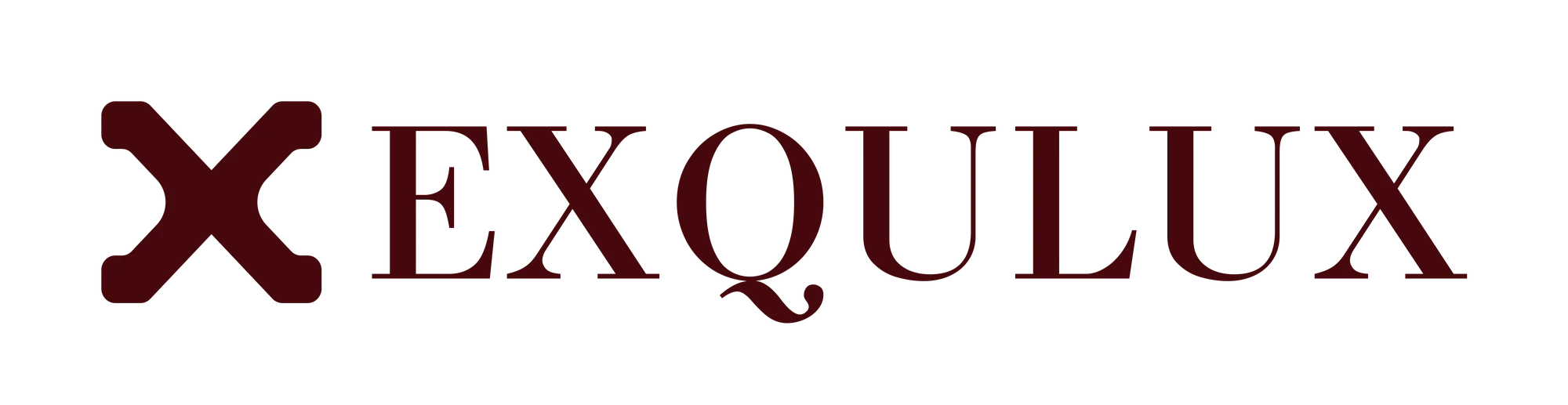 The Exqulux primary wordmark in wine red — rounded "X" icon above the word "EXQULUX" in Bodoni Cyrillic caps