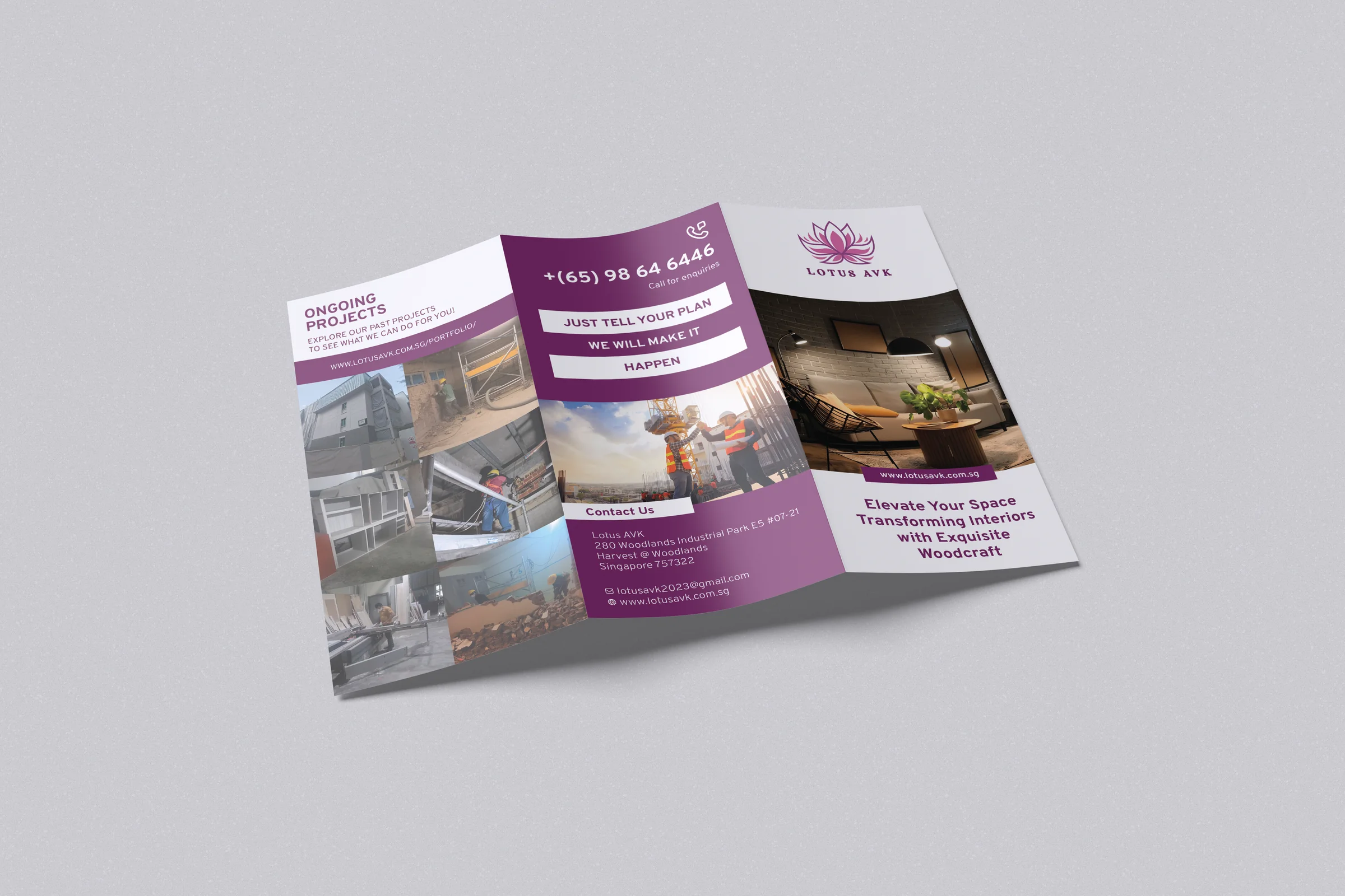 Trifold brochure mockup — the front panel shows the Lotus AVK lotus mark with an interior hero photo, flanked by the purple contact panel and an "ongoing projects" grid on the back