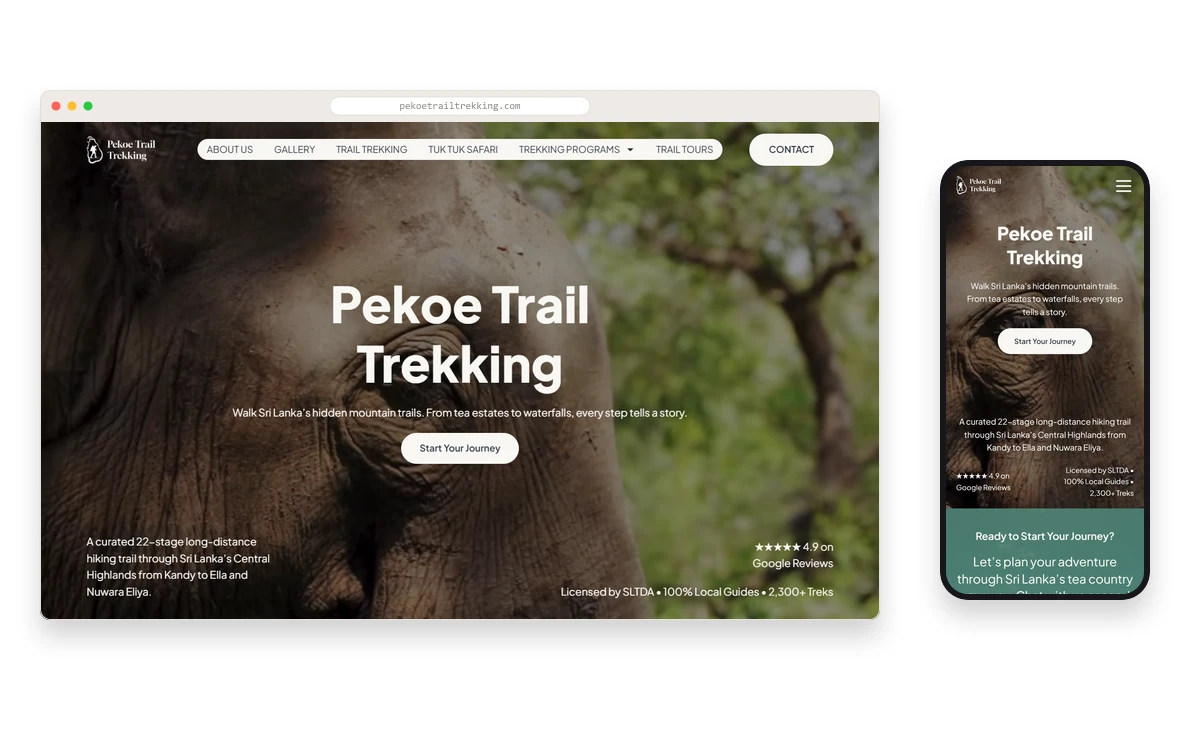 Pekoe Trail Trekking homepage shown on desktop and mobile side by side — big "Pekoe Trail Trekking" headline over a highland-wildlife scene with a Start Your Journey CTA on both surfaces