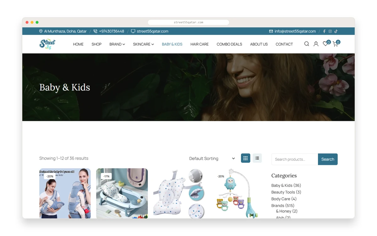 Street 55 Qatar Baby & Kids category page in a desktop browser mockup — top nav, WooCommerce product grid, category sidebar with filters